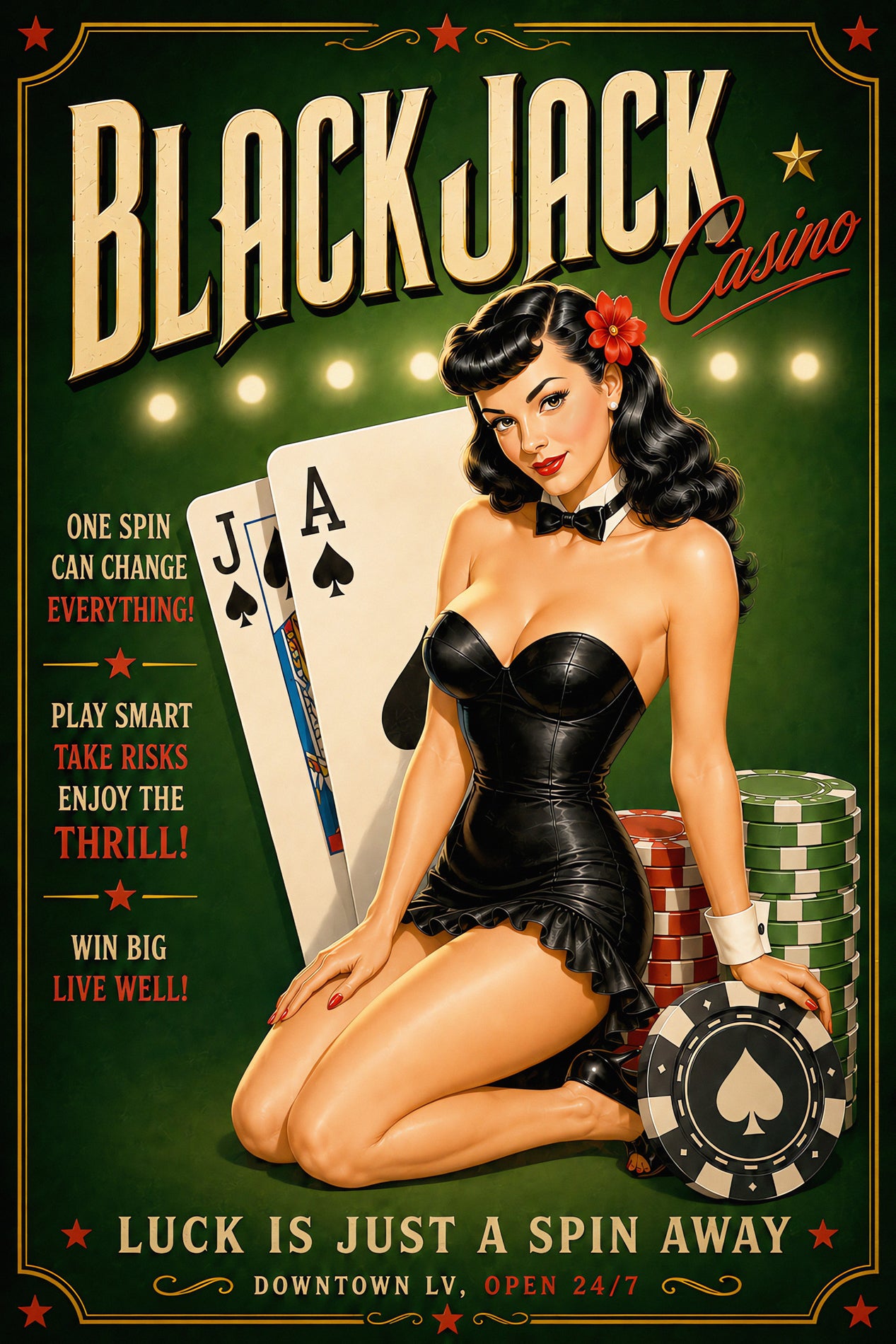 Vintage-style black and white illustrated poster for Blackjack Casino, showing a pin-up woman in a black dress kneeling beside large Jack and Ace of spades cards, stacks of poker chips, and bold promotional text on a green background.