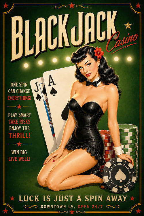 Vintage-style black and white illustrated poster for Blackjack Casino, showing a pin-up woman in a black dress kneeling beside large Jack and Ace of spades cards, stacks of poker chips, and bold promotional text on a green background.