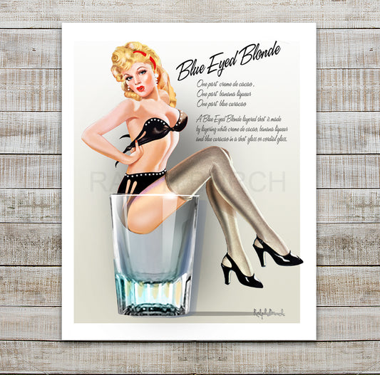 Blue Eyed Blonde Pin Up girl sitting in a shot glass with the Drink Recipe