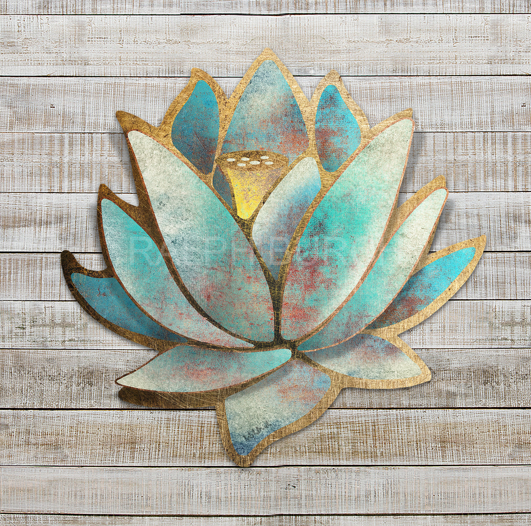 The Blue Lotus Dimensional Metal Wall Art by Ralph Burch. The Blue Lotus metal has shades of blues, turquoises, golds, rusts and off whites and is constructed using 6 pieces, the background and 5 individual Flower Pedals that rise off the background and are curved giving it a sense of depth and dimension. 