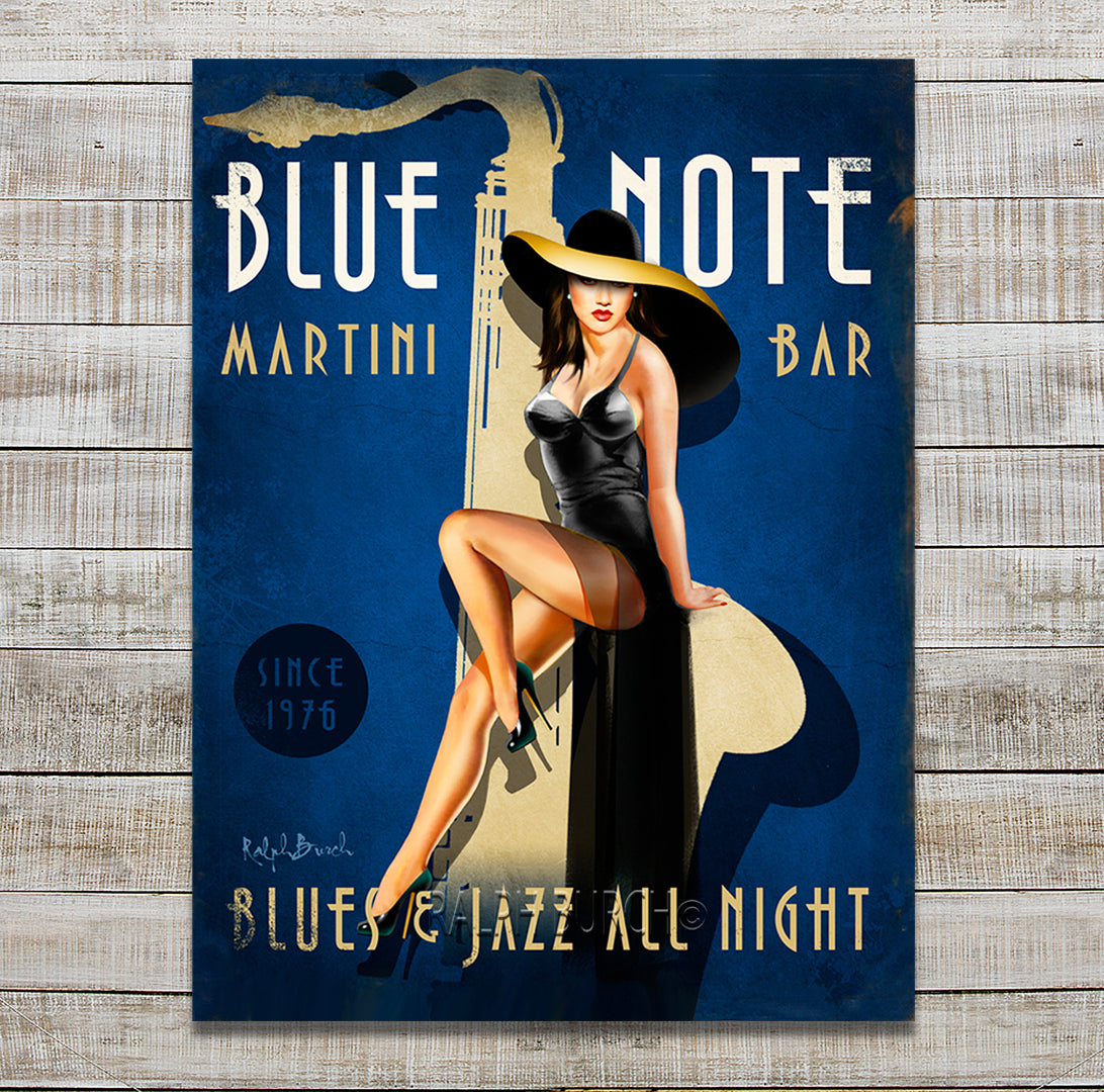 Retro Blue Note Martini Bar Pinup Art on Paper or Canvas by Ralph Burch - ralphburch.com The Blue Note Martini Bar features a retro Pin Up Girl dressed in Black sitting on a Sax. The blue background  with the white and golden tones in words give the look of a vintage poster.