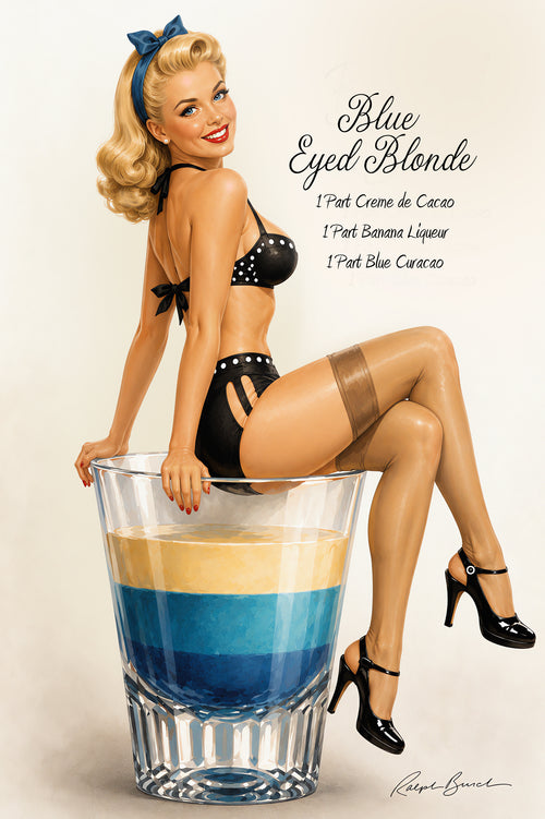 Vintage-style pinup illustration of a blonde woman in a black bikini and thigh-high stockings sitting on the edge of a large glass filled with layered blue, cream, and dark liquid. Text on the right reads 'Blue Eyed Blonde' with French ingredients listed below.