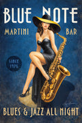 Retro jazz lounge pin-up artwork featuring a glamorous woman with a saxophone in vintage martini bar style by Ralph Burch