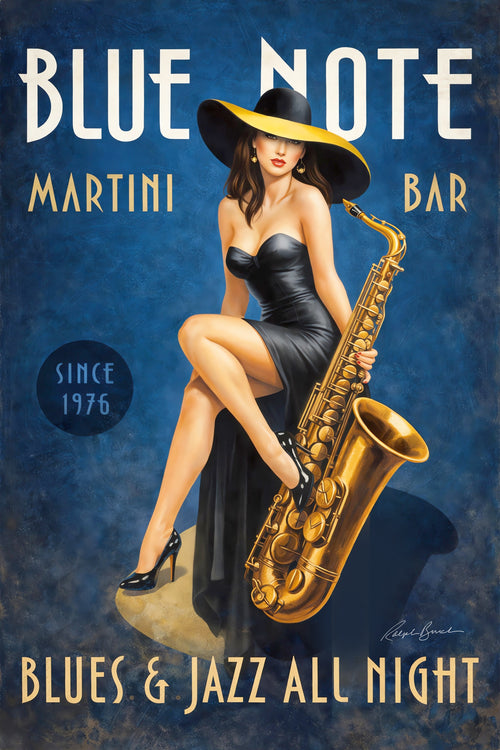 Retro jazz lounge pin-up artwork featuring a glamorous woman with a saxophone in vintage martini bar style by Ralph Burch