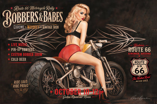 Vintage Route 66 motorcycle rally pin-up art featuring a blonde retro pin-up model sitting on a custom bobber motorcycle with distressed biker poster typography and rockabilly Americana styling.