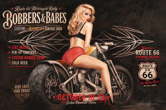 Vintage Route 66 motorcycle rally pin-up art featuring a blonde retro pin-up model sitting on a custom bobber motorcycle with distressed biker poster typography and rockabilly Americana styling.