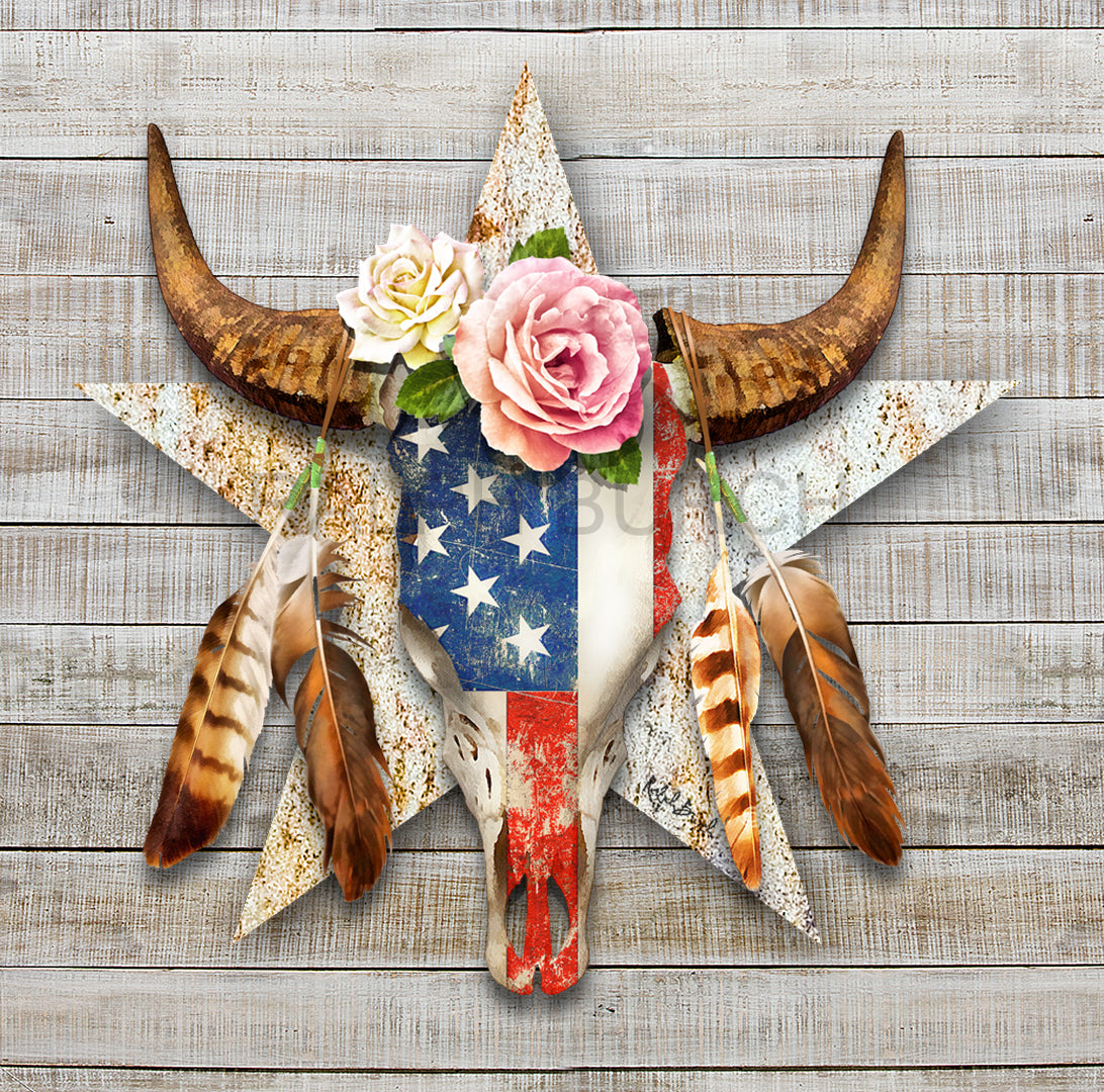 Dimensional Metal Boho Bull Skull with Roses with a USA Flag mounted to a Rustic Star