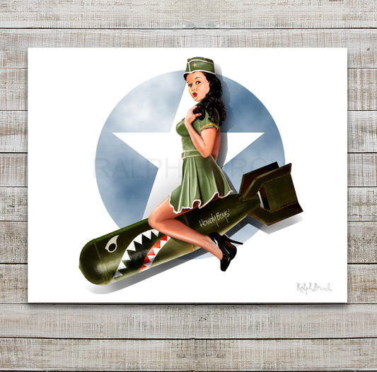 A dark haired Pinup Girl wearing a green short skirt uniform and high heels sitting on a bomb with nose art and it says Howdy Boys! on the side.  "Bombs Away" Pinup Art by Ralph Burch available on Paper or Canvas Print, Canvas available stretched or unstretched, Framed in a Floater Frame or Unframed - ralphburch.com