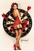 Vintage-style pinup illustration of a woman posing in front of a dartboard with three darts, wearing a red polka-dot dress, black stockings, and red high heels, with the text 'Bullseye!' at the bottom right.