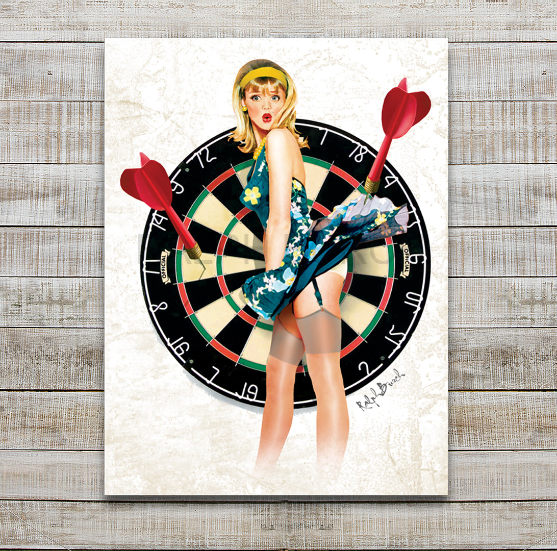 BULLSEYE PIN UP GIRL AND A DARTBOARD BY RALPH BURCH-ralphburch.com  "Bullseye features a retro Pin Up Girl who looks surprised as a dart pins her dress up against a Dartboard. Perfect for a game room or Bar