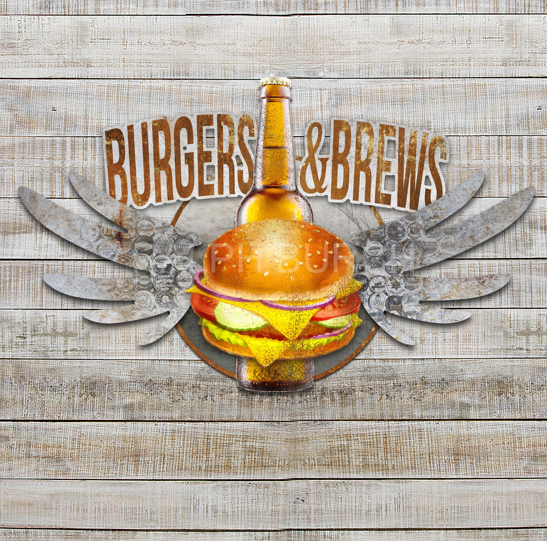 Burgers and Brews Wall Art. 3 pieces with a rustic circle background with the words Burger and Brews attached to the circle at the top and a Hamburger and bottle of Beer with wings that have a variety of beer cap names on the Silver wings