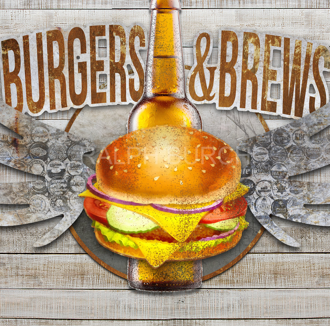Closeup of a Burgers and Brews Wall Art. 3 pieces with a rustic circle background with the words Burger and Brews attached to the circle at the top and a Hamburger and bottle of Beer with wings that have a variety of beer cap names on the Silver wings
