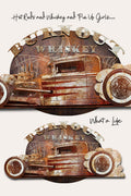 Two rustic metal wall signs with a distressed hot rod truck design and the words 'Burnout Whiskey' and 'What a Life,' shown on a light beige background with decorative text above each sign.