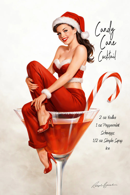 Retro Christmas pin-up girl sitting on candy cane cocktail martini glass in festive holiday wall art by Ralph Burch