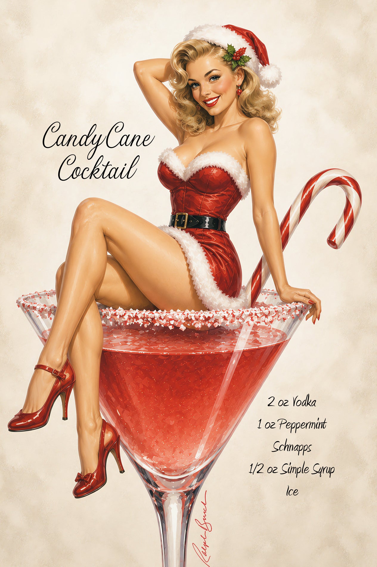 Vintage-style pinup illustration of a woman in a red Santa outfit sitting in a martini glass filled with a pink drink, with candy cane props and the text 'Candy Cane Cocktail' and a recipe on a cream background.