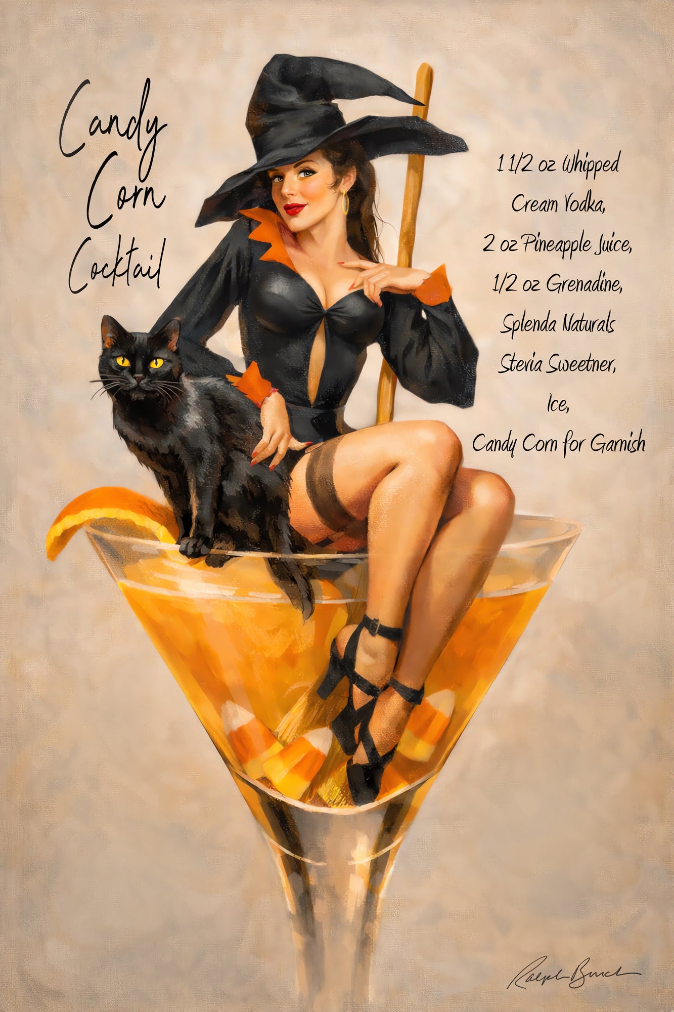 A stylized pin-up style illustration of a woman in a witch hat and black outfit seated in a martini glass filled with orange drink, candy corn, and a black cat. Text on the left reads 'Candy Corn Cocktail' and text on the right lists ingredients.
