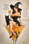 Vintage-style illustrated poster showing a woman in a witch hat and black dress seated in a martini glass filled with candy corn, with a black cat beside her. Text on the left reads 'Candy Corn Cocktail' and text on the right lists ingredients.