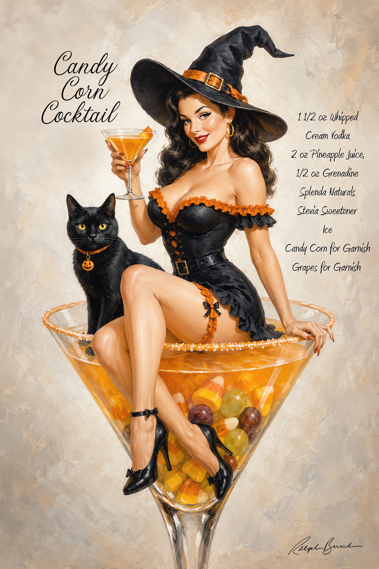 Vintage-style illustrated poster showing a woman in a witch hat and black dress seated in a martini glass filled with candy corn, with a black cat beside her. Text on the left reads 'Candy Corn Cocktail' and text on the right lists ingredients.