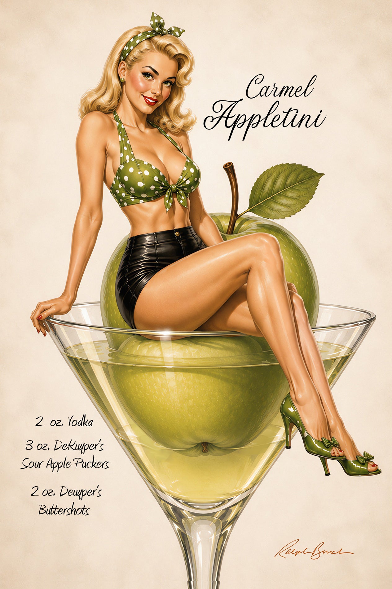 Vintage-style illustrated cocktail recipe card featuring a pin-up woman seated in a martini glass with a green apple inside, with the text 'Carmel Appletini' and a list of ingredients on a cream background.