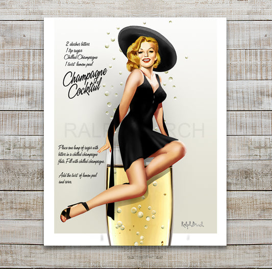 Champagne Cocktail Pin Up Girl sitting on a Champagne Glass with a cocktail recipe