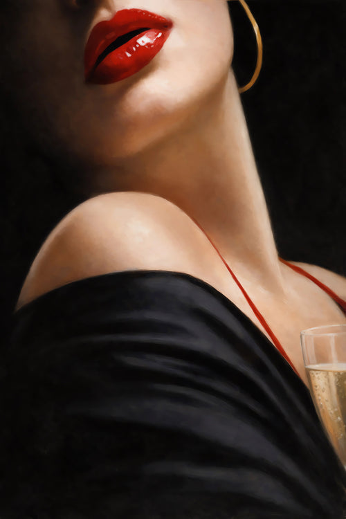 Elegant retro pin-up glamour artwork featuring red lips, champagne glass, and vintage Hollywood style by Ralph Burch