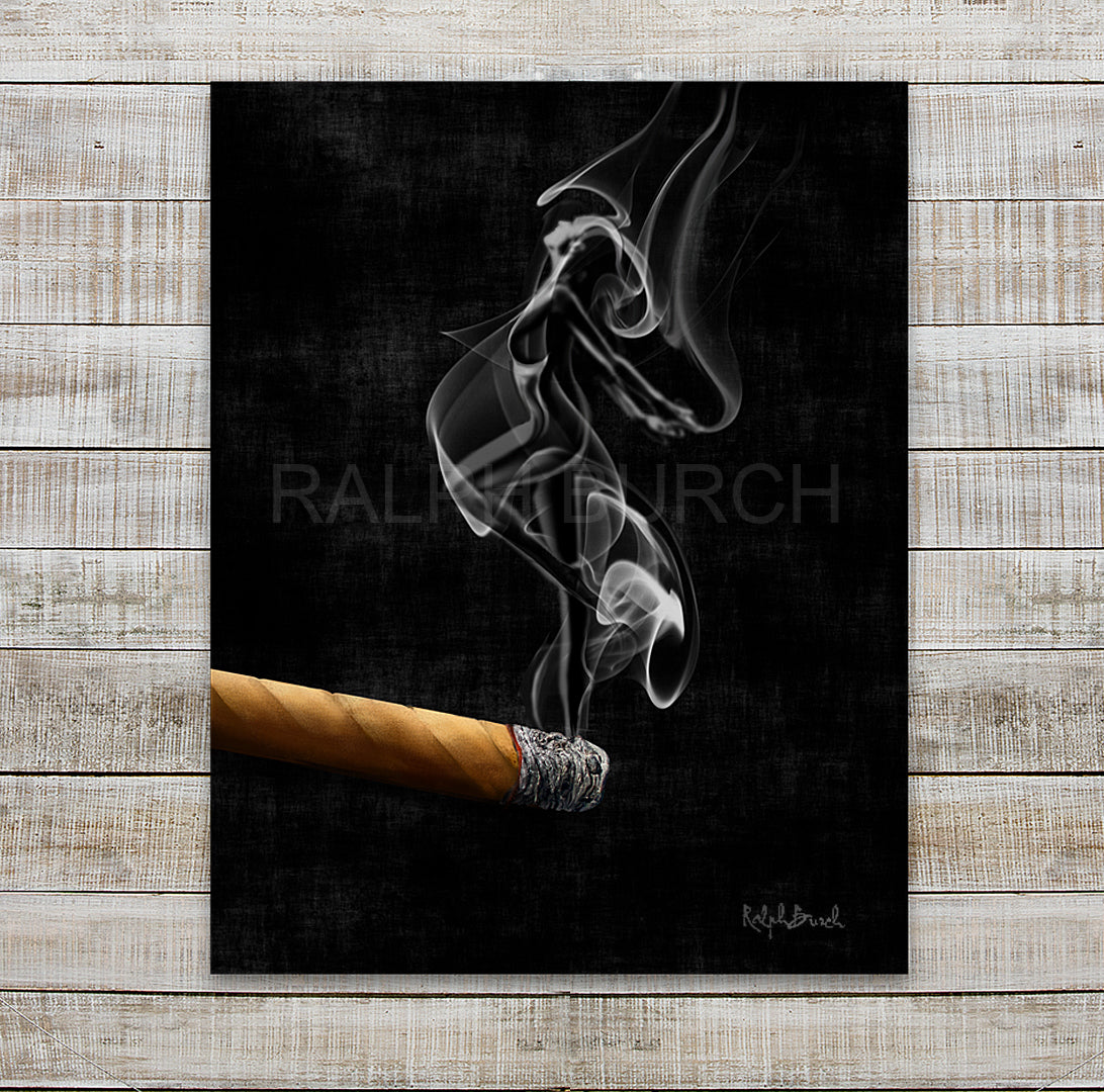 "SMOKE" Pin Up Cigar giclee by Ralph Burch. If you're passionate about cigars, Smoke  is painting about a cigar and as it burns, it reveals a woman  in the Smoke. This is a Canvas but is also available as a Paper Print.