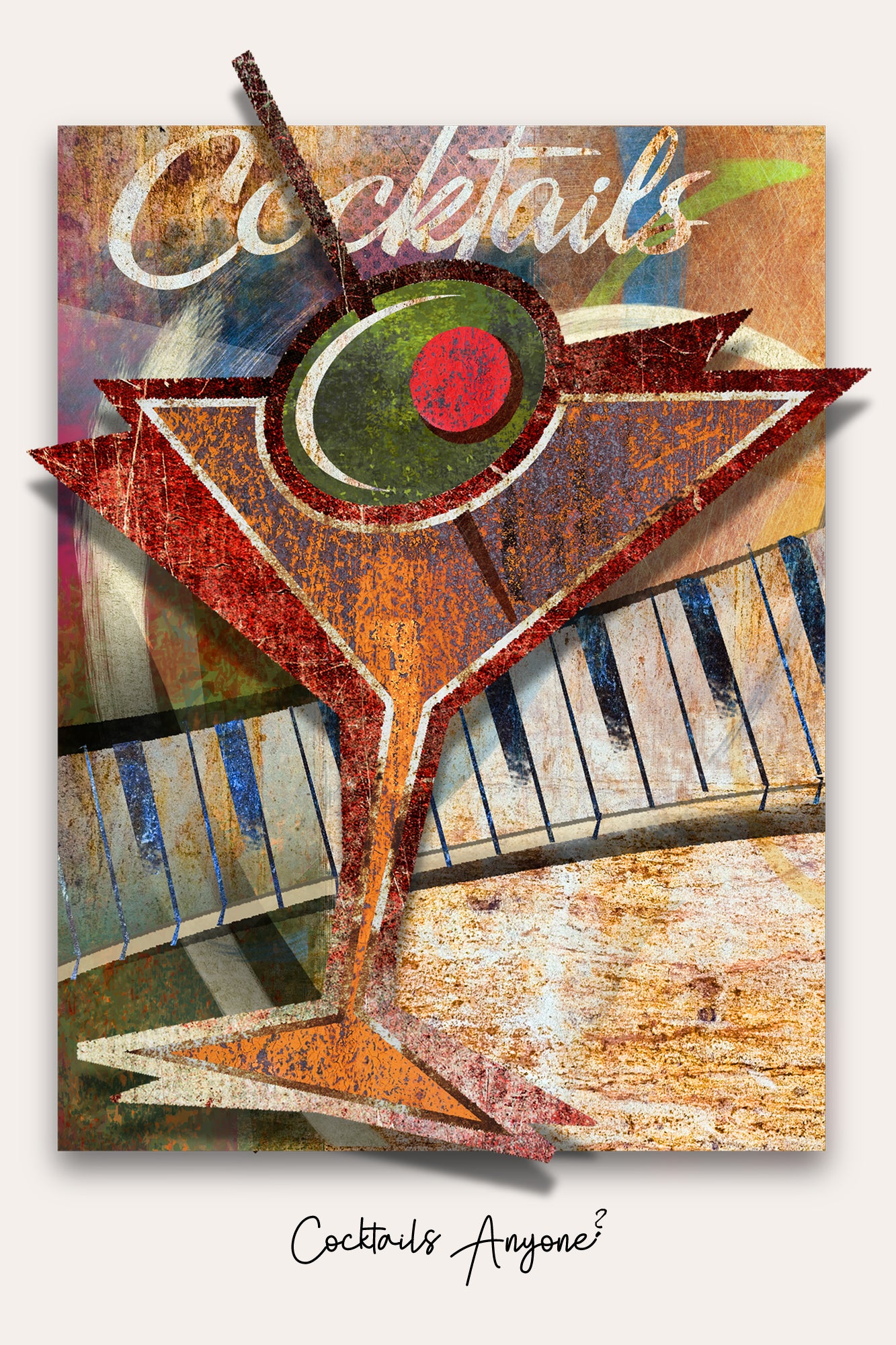 A square art print featuring a stylized martini glass filled with a green olivine garnish over a piano keyboard, with the word 'Cocktails' at the top and the phrase 'Cocktails Anyone?' below on a light background.