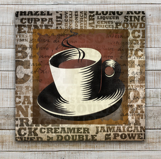 Canvas art by Ralph Burch of a coffee cup with words of different types of coffee names and coffee related items behind it. In tones of browns and off whites.