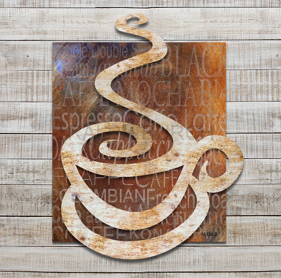 Pictured is a rustic brownish background with different types of coffee in greyish white tones with a Coffee Cup rustic shape that is rustic white. Dimensional Metal Coffee Wall Art was created by Ralph Burch