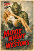 Vintage-style movie poster artwork for 'Movie Night at the Weston's' featuring a large green scaly creature holding a blonde woman in a white swimsuit over water, with bold red title text and distressed aged borders.