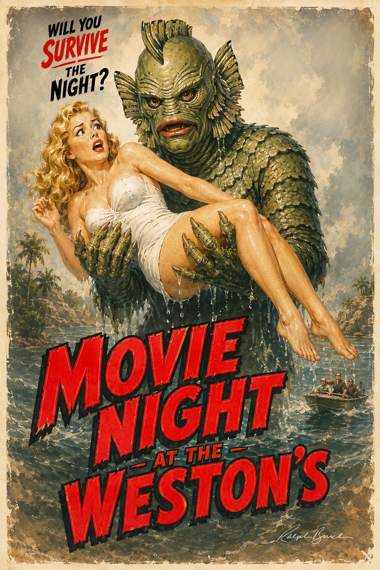 Vintage-style movie poster artwork for 'Movie Night at the Weston's' featuring a large green scaly creature holding a blonde woman in a white swimsuit over water, with bold red title text and distressed aged borders.