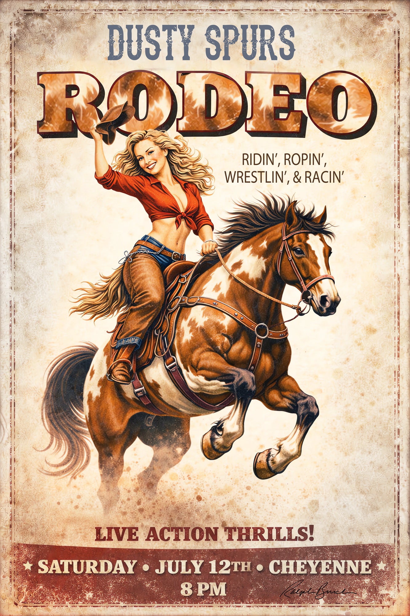 A vintage-style poster advertising a 'Dusty Spurs Rodeo' with an illustrated woman in a red top and cowboy boots riding a brown and white horse. The poster includes text such as 'Live Action Thrills!', 'Saturday, July 12th, Cheyenne', and '8 PM'.