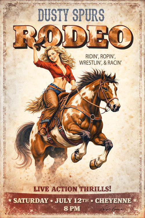 A vintage-style poster advertising a 'Dusty Spurs Rodeo' with an illustrated woman in a red top and cowboy boots riding a brown and white horse. The poster includes text such as 'Live Action Thrills!', 'Saturday, July 12th, Cheyenne', and '8 PM'.