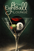 Retro martini glass artwork featuring a billiards eight ball and olive garnish in vintage cocktail lounge style by Ralph Burch
