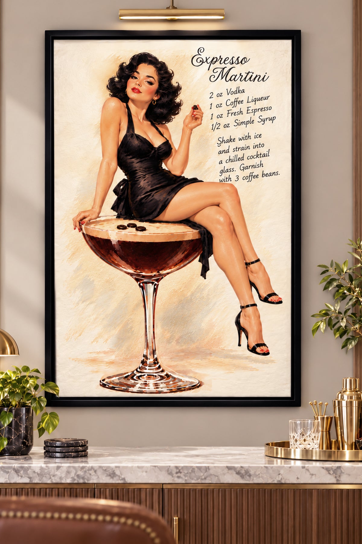 Expresso Martini Pin-Up Wall Art in Black Floater Frame