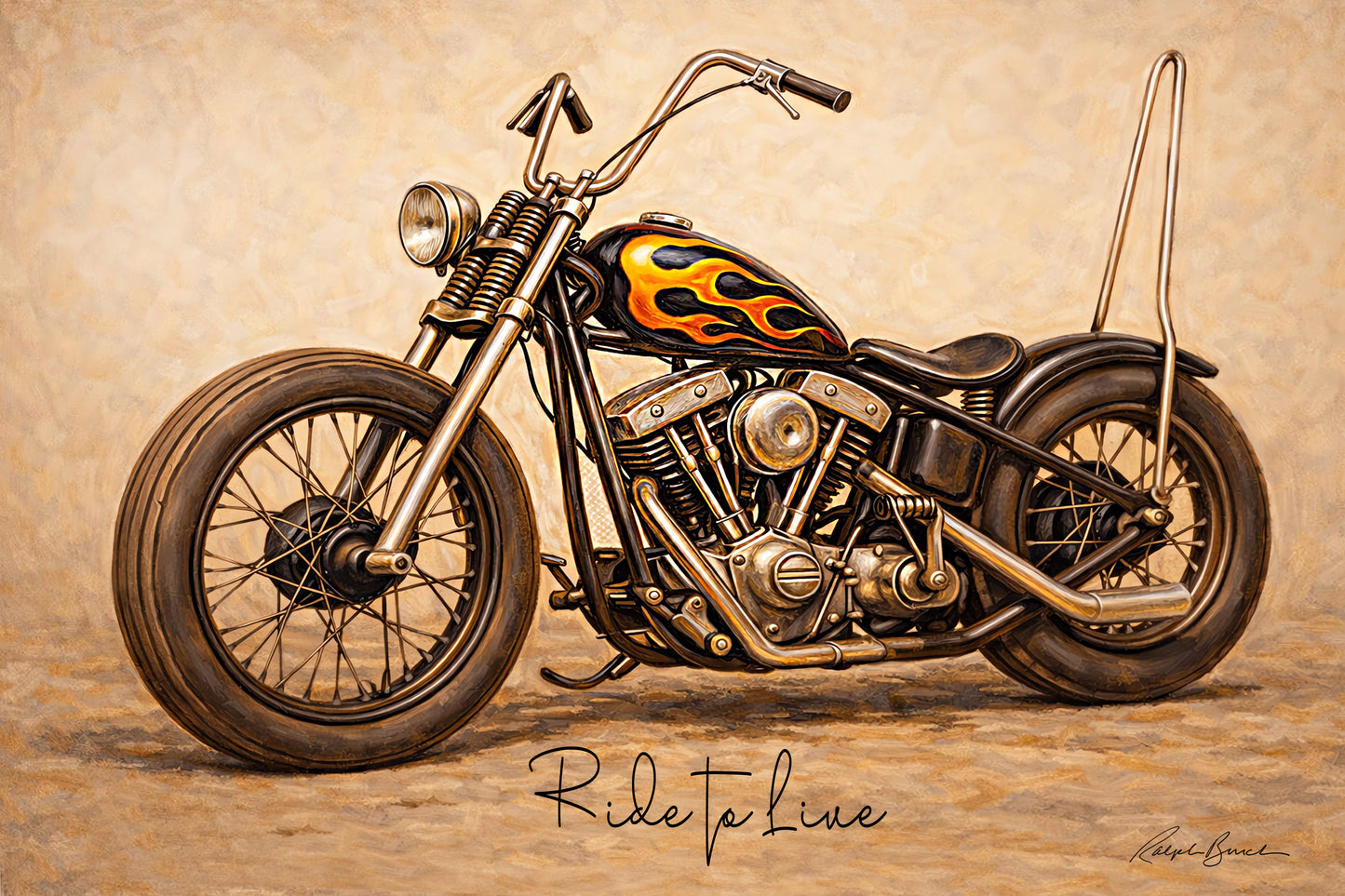 Vintage custom bobber motorcycle art print featuring a black retro chopper bike with distressed details, cream background, and classic biker garage Americana styling.