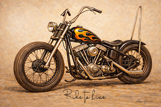 Vintage custom bobber motorcycle art print featuring a black retro chopper bike with distressed details, cream background, and classic biker garage Americana styling.
