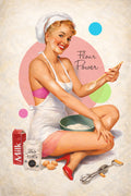 Vintage-style pinup illustration of a woman in a white apron and chef hat baking with flour, milk carton, eggs, and a whisk on a cream background with the words 'Flour Power'.