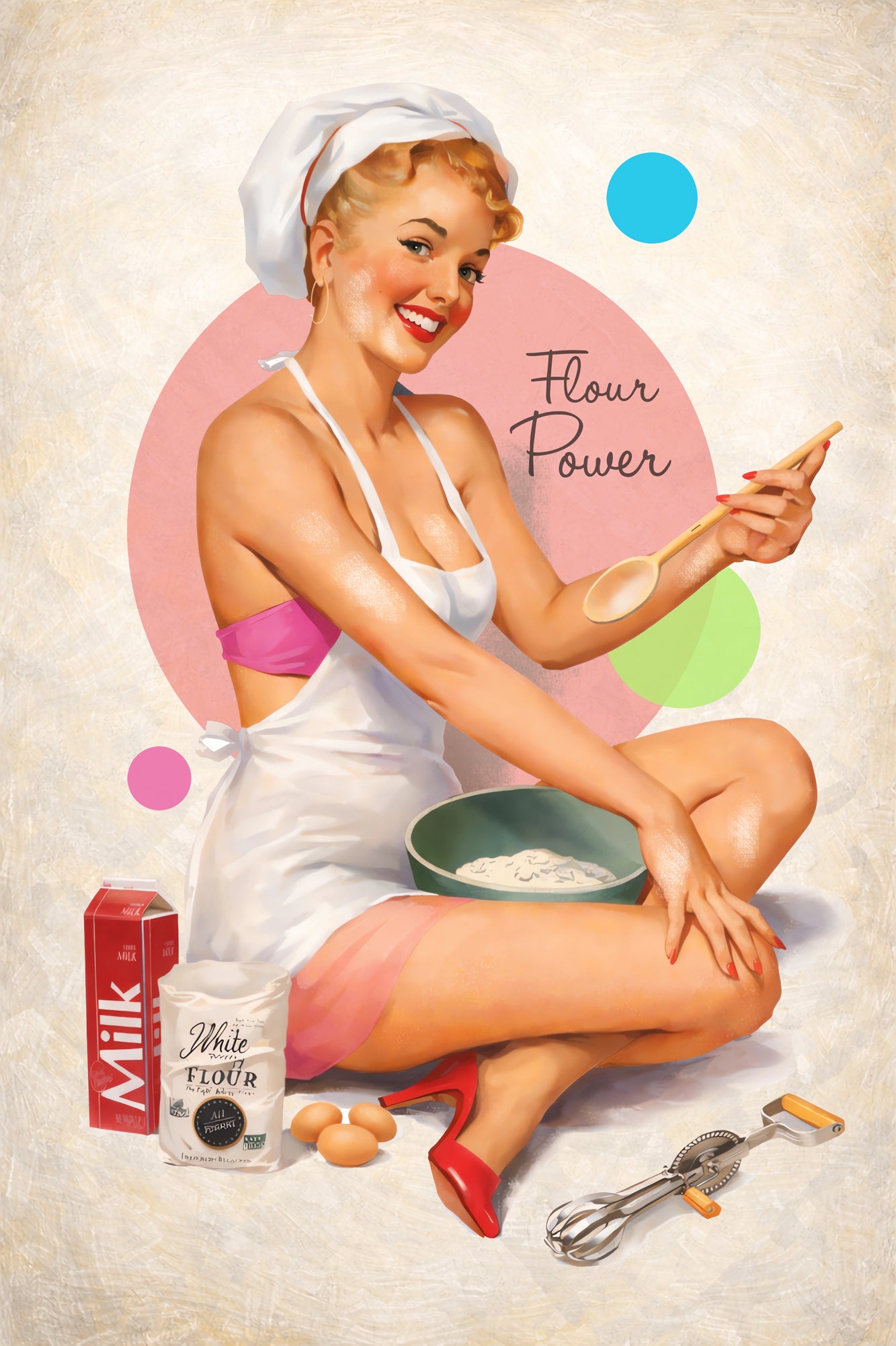 Vintage-style pinup illustration of a woman in a white apron and chef hat baking with flour, milk carton, eggs, and a whisk on a cream background with the words 'Flour Power'.