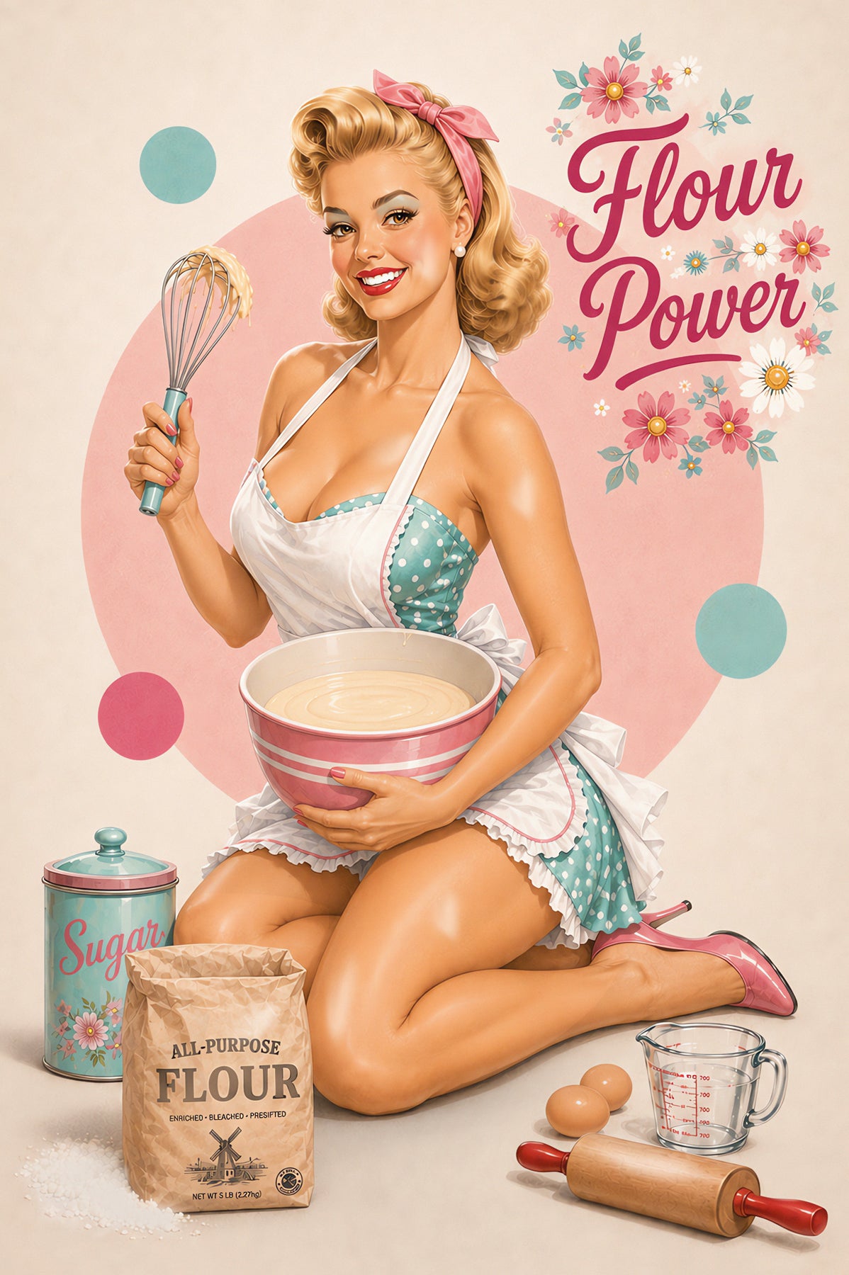 Vintage-style pinup illustration of a woman in a white apron and teal polka-dot dress kneading a large bowl of batter, surrounded by flour, sugar, eggs, a rolling pin, and a whisk. The words 'Flour Power' appear in pink script with floral decoration in the upper right.