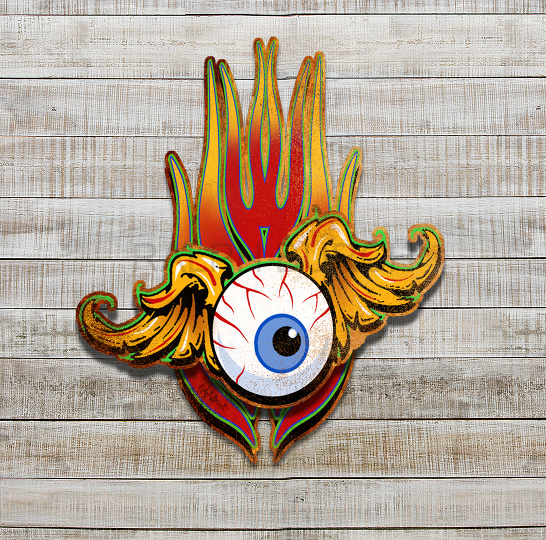 This is a tribute piece to Von Dutch the pinstriper, The flying eye with wings is aised above the pinstripe flames background. by Ralph Butch