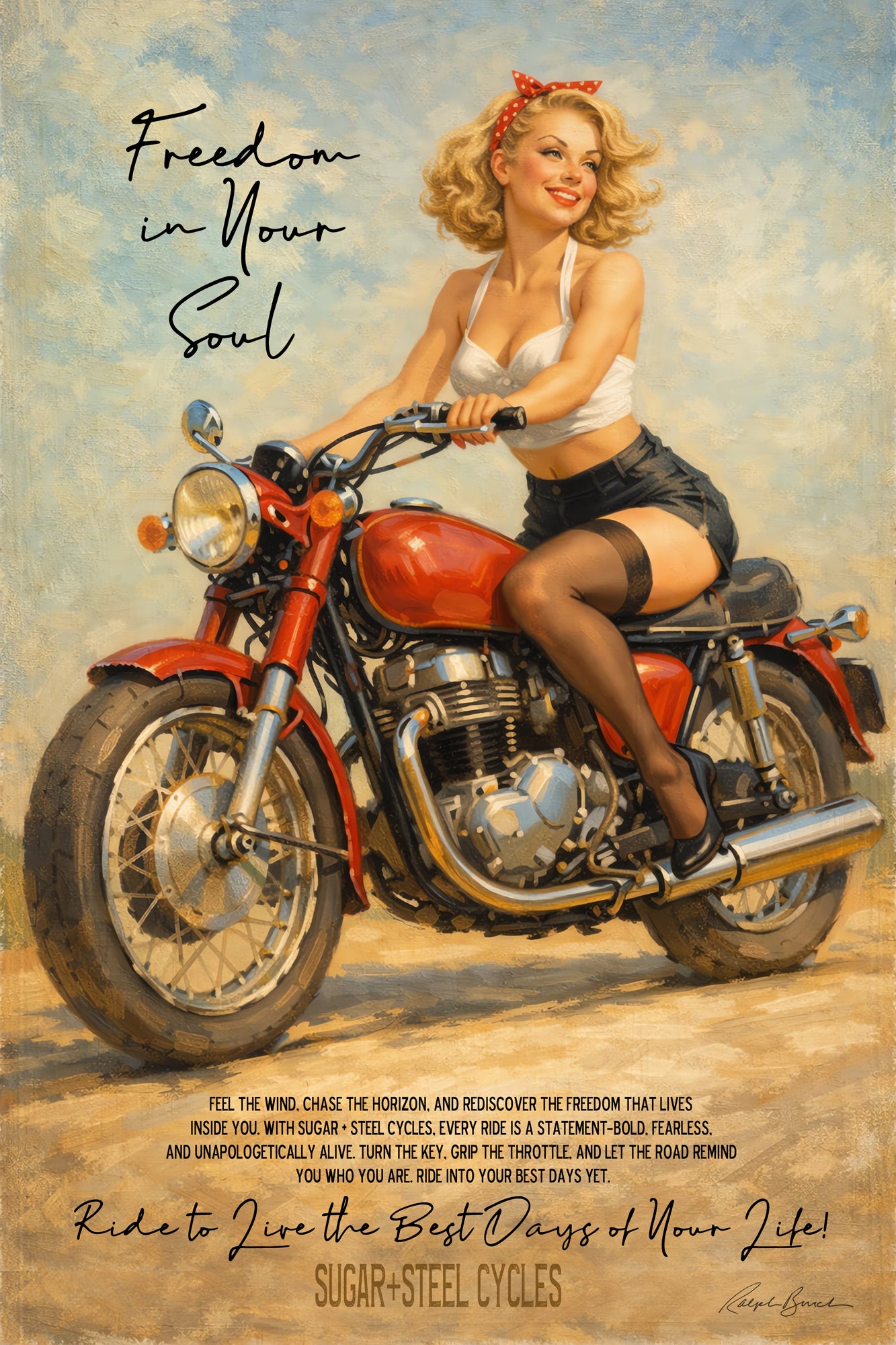 Vintage motorcycle pin-up art featuring a smiling retro blonde woman riding a classic red motorcycle with Route 66 Americana styling, inspirational lettering, and warm painterly biker culture aesthetics.