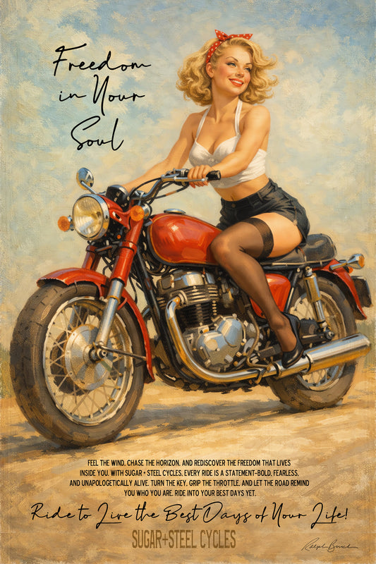 Vintage motorcycle pin-up art featuring a smiling retro blonde woman riding a classic red motorcycle with Route 66 Americana styling, inspirational lettering, and warm painterly biker culture aesthetics.