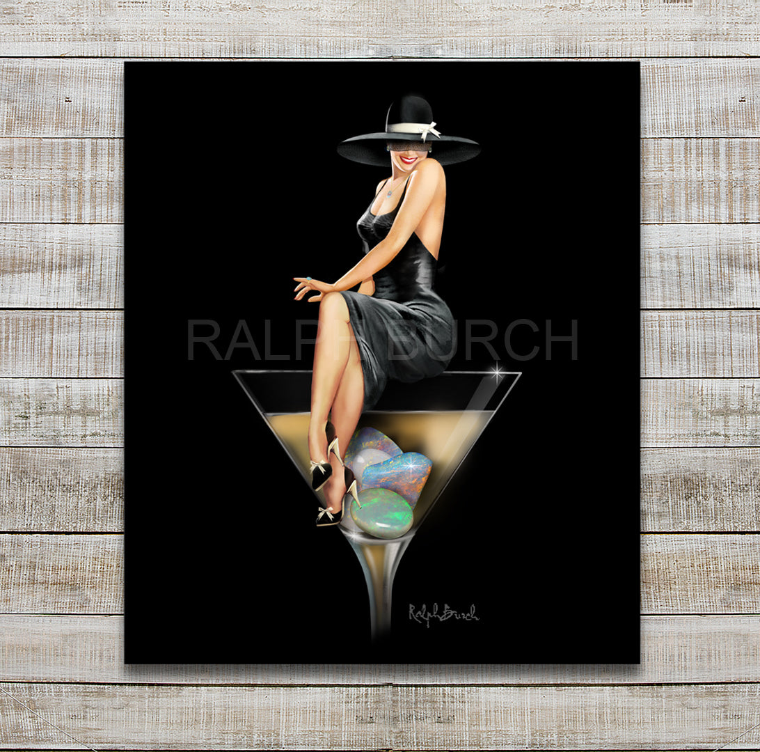 Wall Art with a well dressed classy Pin Up Girl sitting on an edge of a Martini Glass with Opal gemstones in the bottom of the glass by artist Ralph Burch