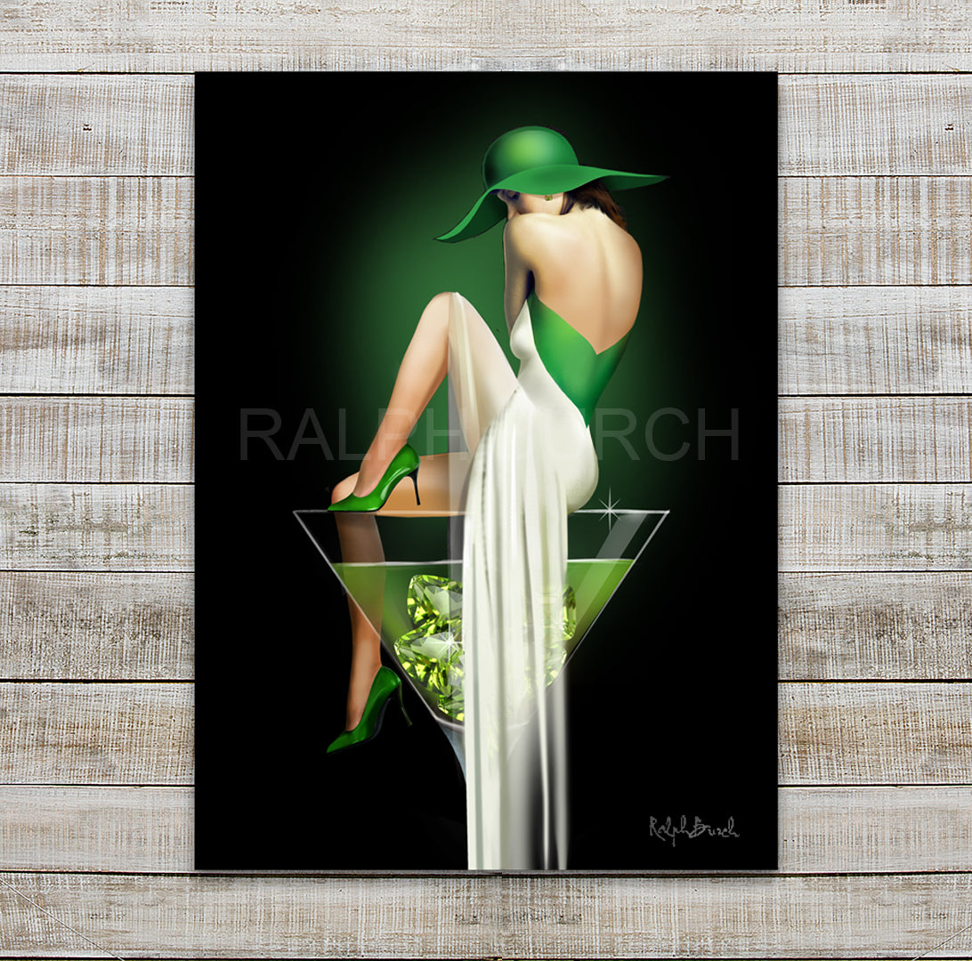 The Peridot Martini Pin Up Girl shows A Classy Pin Up Girl sitting on the edge of a Martini Glass with August Birthstones of Peridot