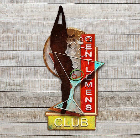DIMENSIONAL GENTLEMEN'S CLUB METAL WALL ART by Ralph Burch is fashioned after a vintage Bar Sign. The background is like an old Bar Exterior building sign with a Dancer and Cocktail Glass raised and attached to the background to give the appearance of Dimension.