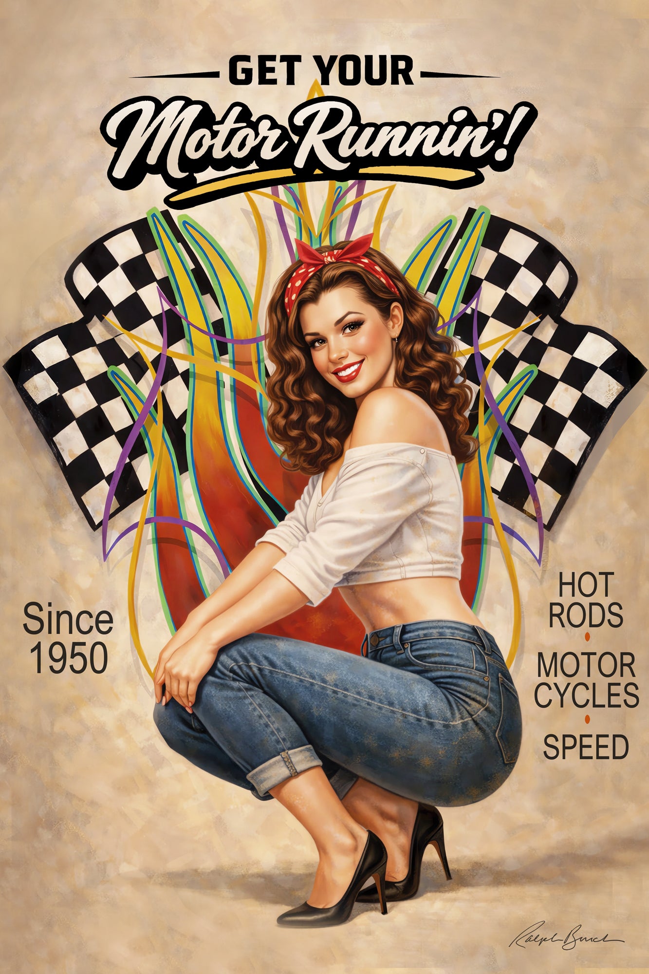 Vintage pin-up artwork featuring a smiling retro brunette woman in cuffed jeans and black heels posed in front of racing flags and colorful pinstripe flames with classic hot rod Americana styling.
