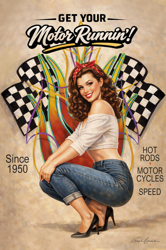 Vintage pin-up artwork featuring a smiling retro brunette woman in cuffed jeans and black heels posed in front of racing flags and colorful pinstripe flames with classic hot rod Americana styling.