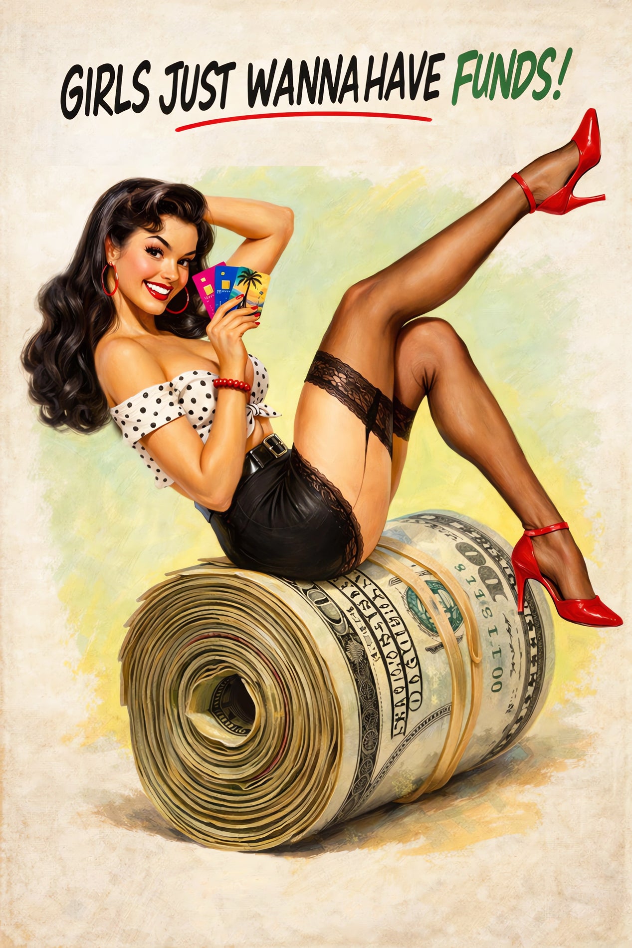 girls just wanna have funds artwork
glamorous brunette pin up print
money themed vintage wall decor