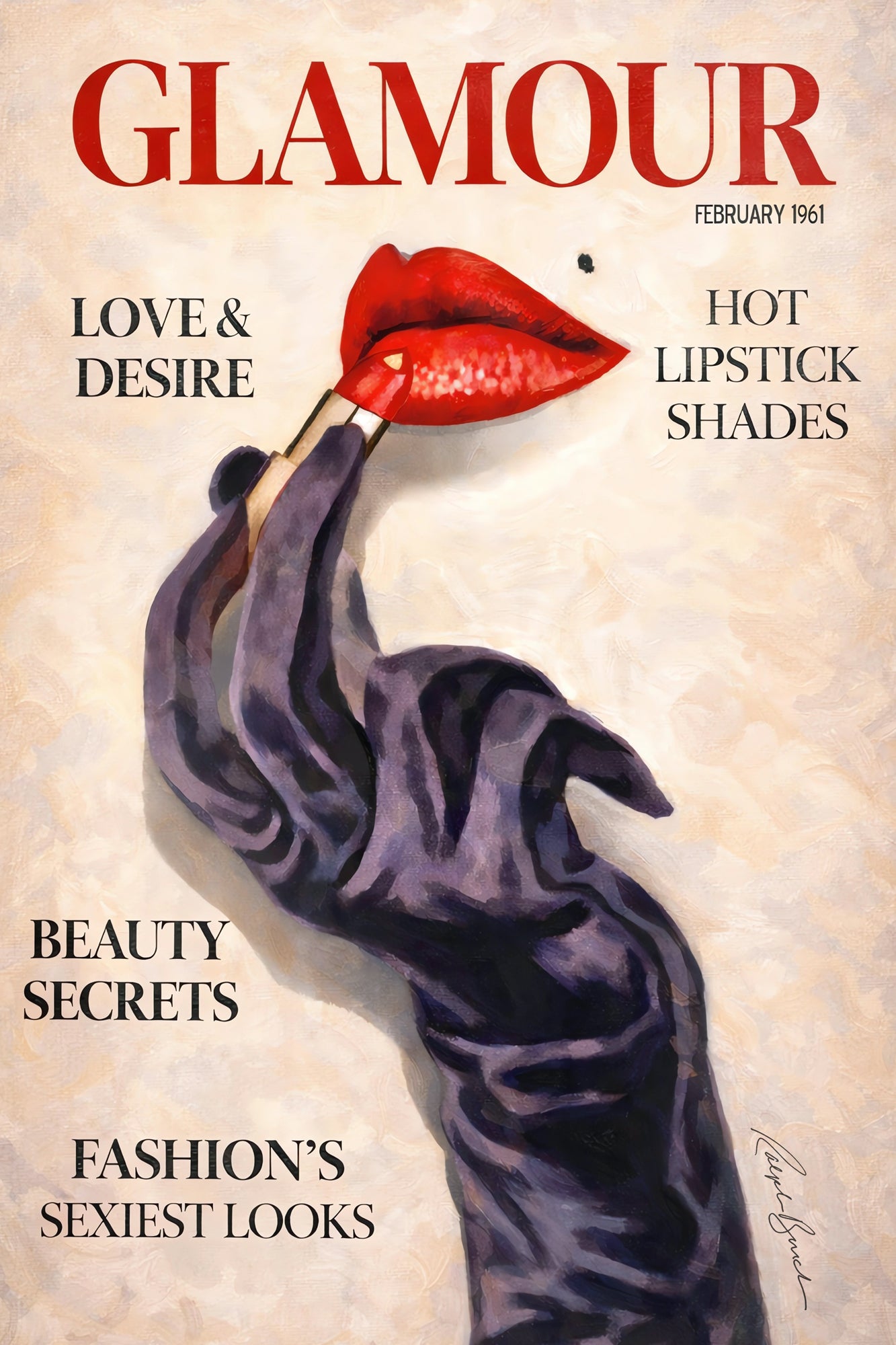 Glamour magazine cover from February 1963 with a hand holding a red lipstick. Red lipstick beauty wall decor